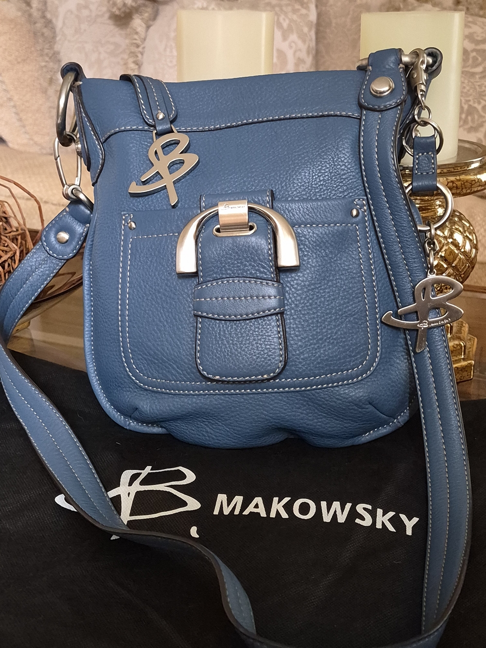 b. makowsky Blue Pebbled Leather Crossbody with Silver Hardware